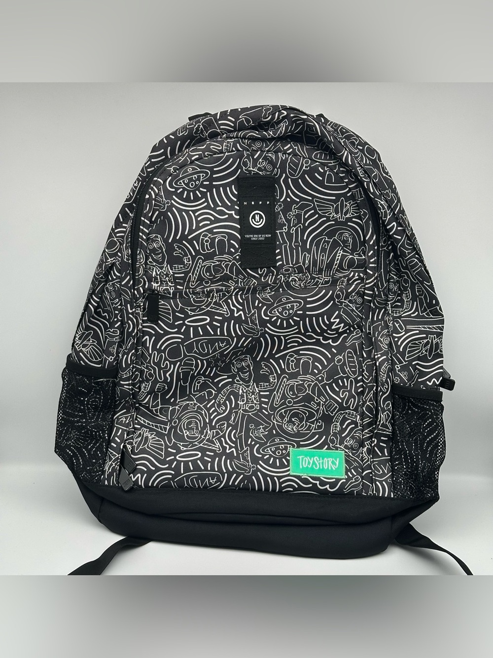 Neff Disney Toy Story/Pixar Backpack School BookBag Laptop Tote Black White 18”